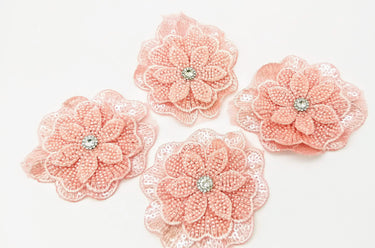 Pink Hand Embroidered Floral Applique With Beads, Crochet Cut Dana Applique, Beaded Flower Motifs